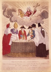 Firma del Concordato entre Napoleón y el Papa Pío VII, 15 de julio de 1801 (grabado en cobre) de Basset